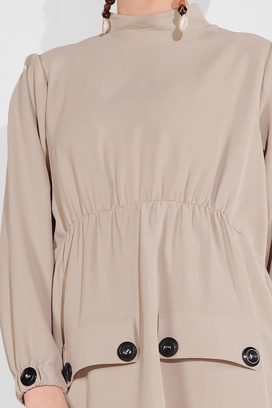 Tesettür giyim BEJ DÜĞME AKSESUARLI İKİLİ PANTOLONLU TAKIM 0707