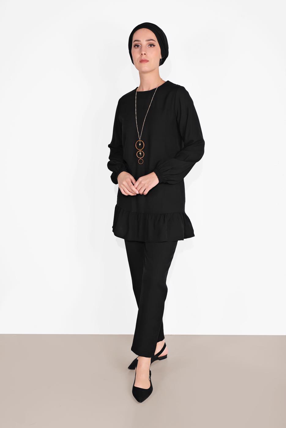 Tesettür giyim SİYAH ETEK UCU BÜZGÜLÜ PANTOLONLU TAKIM  936 