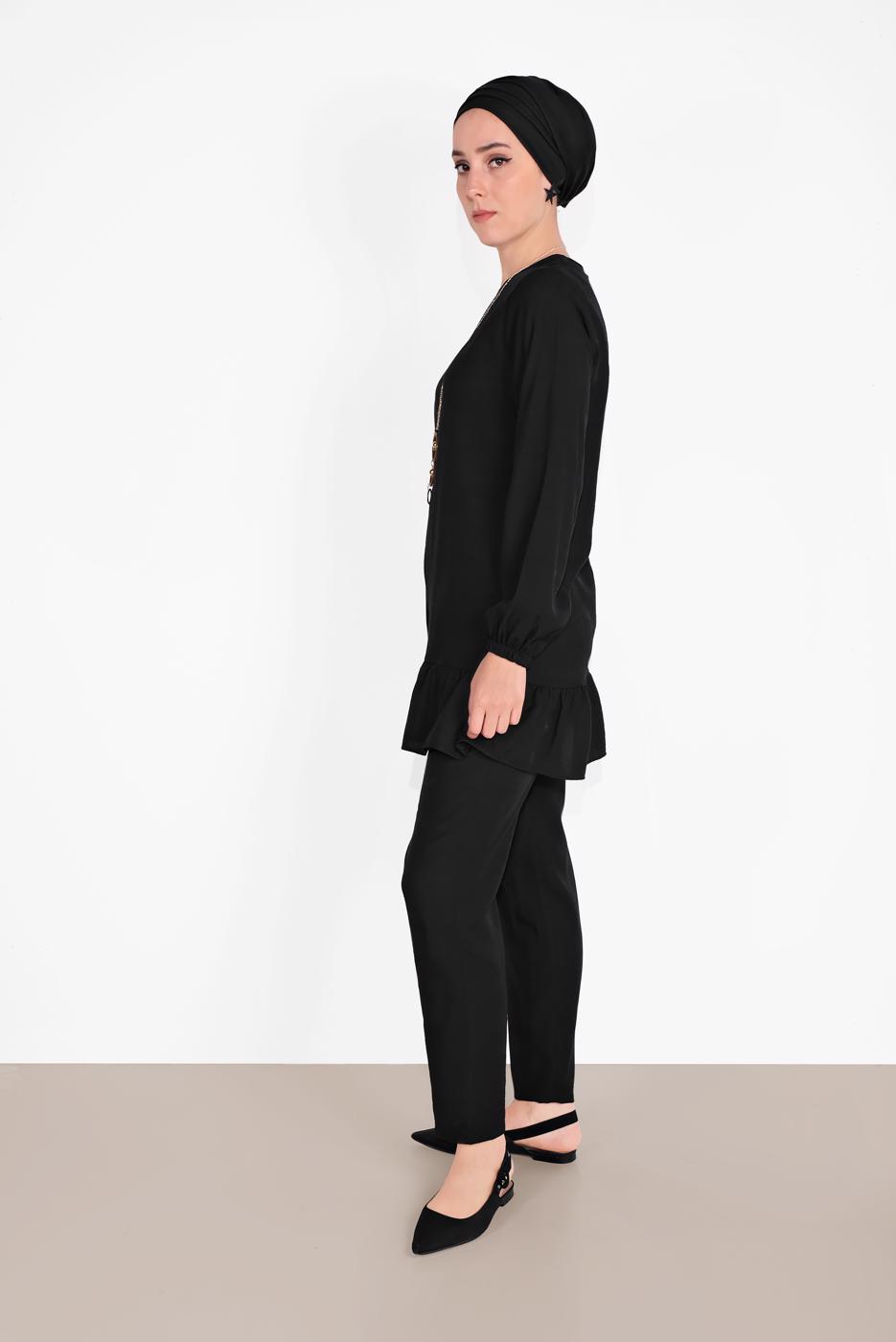 Tesettür giyim SİYAH ETEK UCU BÜZGÜLÜ PANTOLONLU TAKIM  936 
