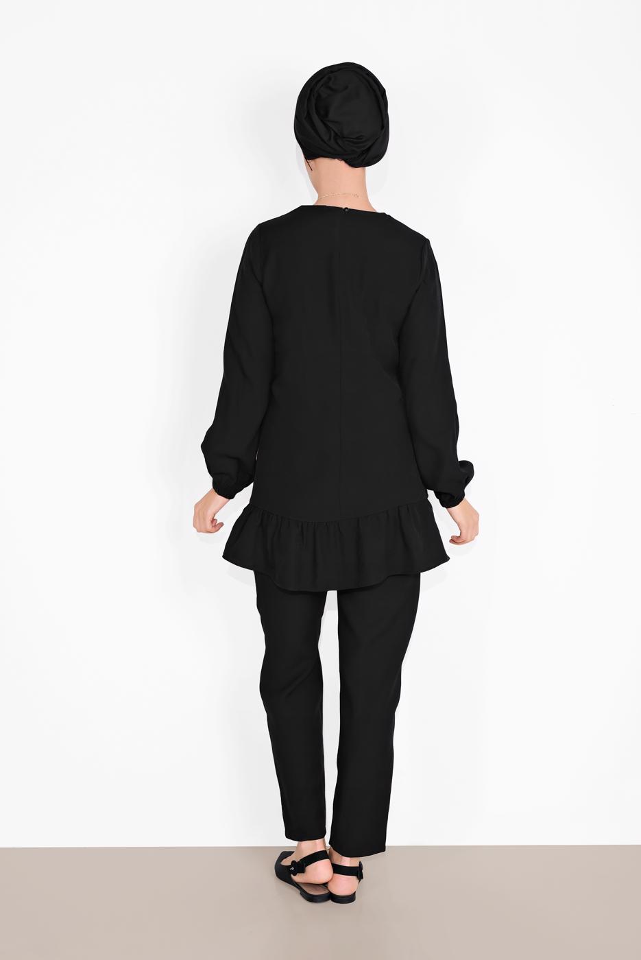 Tesettür giyim SİYAH ETEK UCU BÜZGÜLÜ PANTOLONLU TAKIM  936 