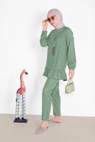 Tesettür giyim YEŞİL ETEK UCU BÜZGÜLÜ PANTOLONLU TAKIM  936 