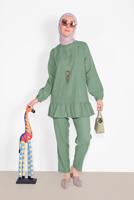 Tesettür giyim YEŞİL ETEK UCU BÜZGÜLÜ PANTOLONLU TAKIM  936 