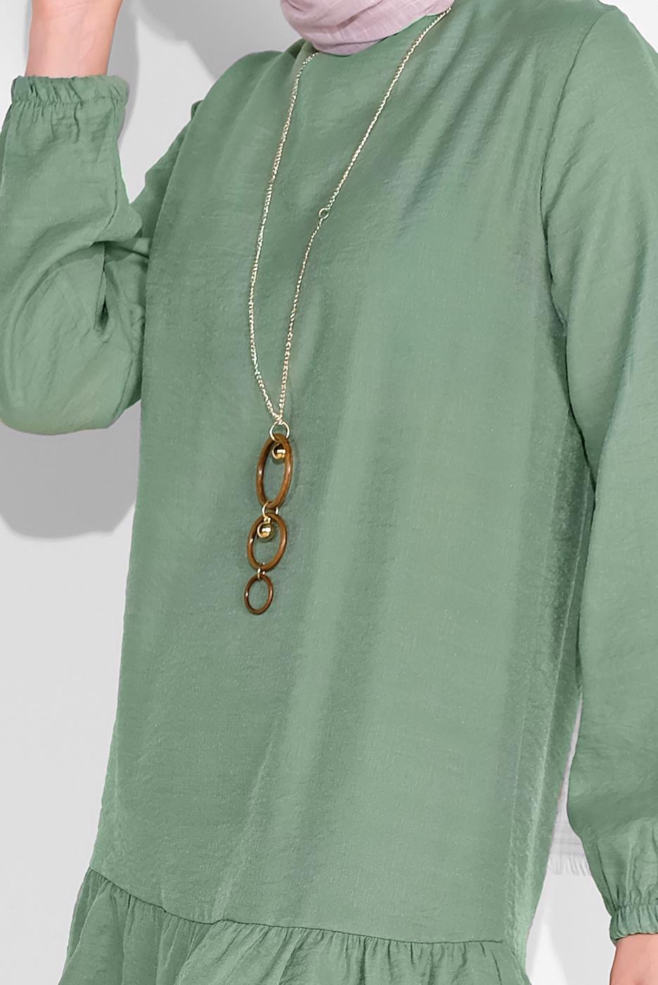 Tesettür giyim YEŞİL ETEK UCU BÜZGÜLÜ PANTOLONLU TAKIM  936 