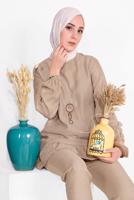 Tesettür giyim BEJ ETEK UCU BÜZGÜLÜ PANTOLONLU TAKIM  936 