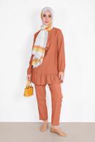 Tesettür giyim KAHVE ETEK UCU BÜZGÜLÜ PANTOLONLU TAKIM  936 