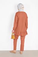 Tesettür giyim KAHVE ETEK UCU BÜZGÜLÜ PANTOLONLU TAKIM  936 