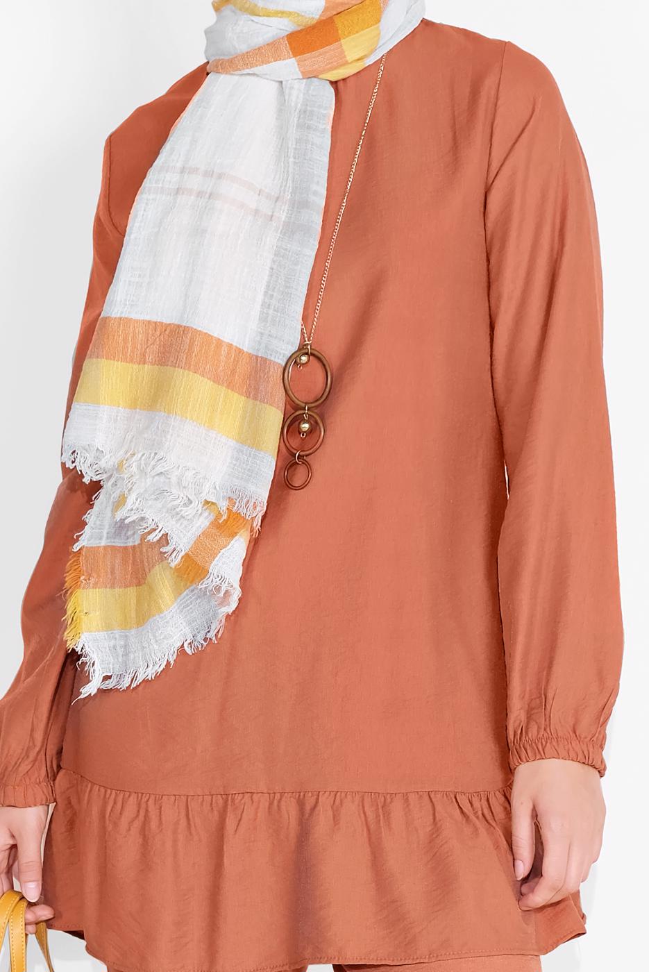 Tesettür giyim KAHVE ETEK UCU BÜZGÜLÜ PANTOLONLU TAKIM  936 