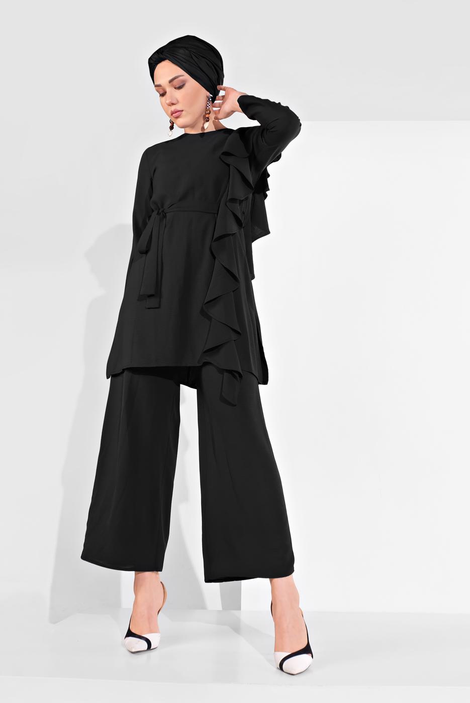 Tesettür giyim SİYAH FIRFIR DETAYLI 2&prime;Lİ PANTOLONLU TAKIM 1002