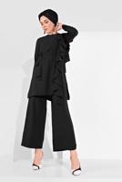 Tesettür giyim SİYAH FIRFIR DETAYLI 2&prime;Lİ PANTOLONLU TAKIM 1002