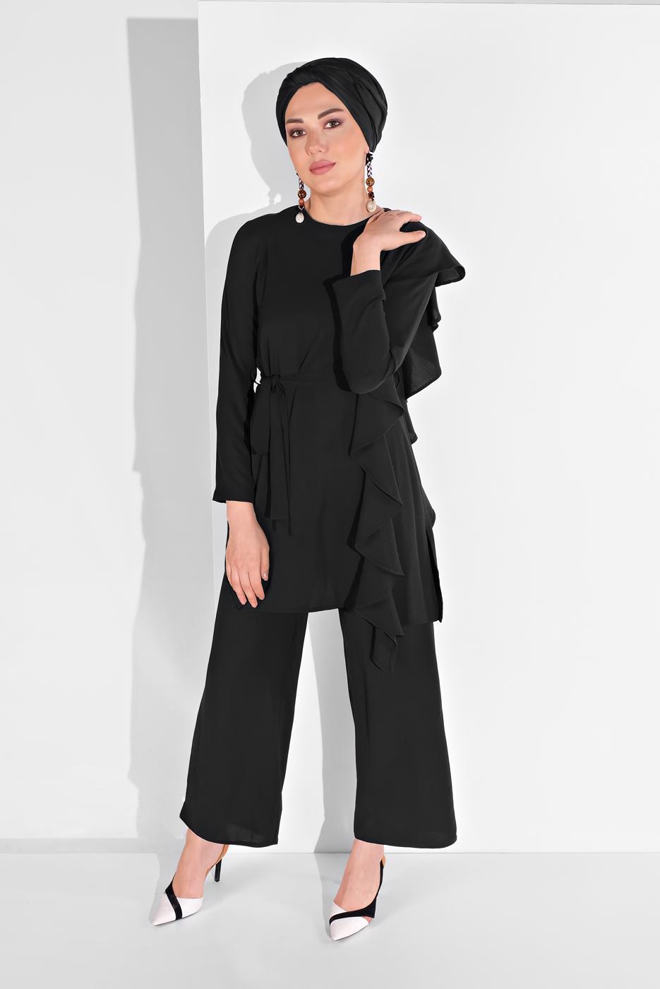 Tesettür giyim SİYAH FIRFIR DETAYLI 2&prime;Lİ PANTOLONLU TAKIM 1002