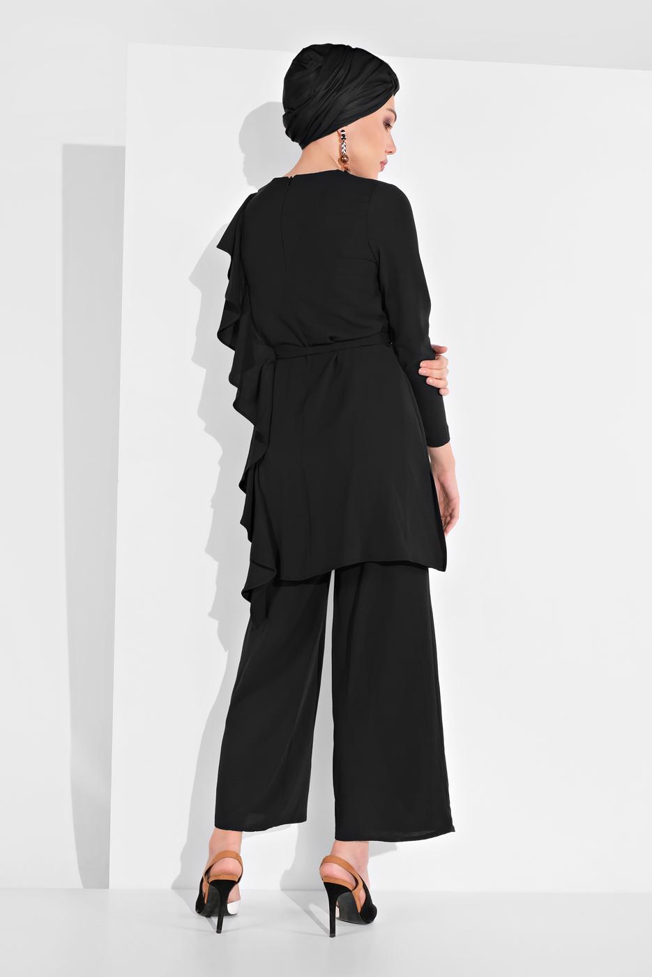 Tesettür giyim SİYAH FIRFIR DETAYLI 2&prime;Lİ PANTOLONLU TAKIM 1002