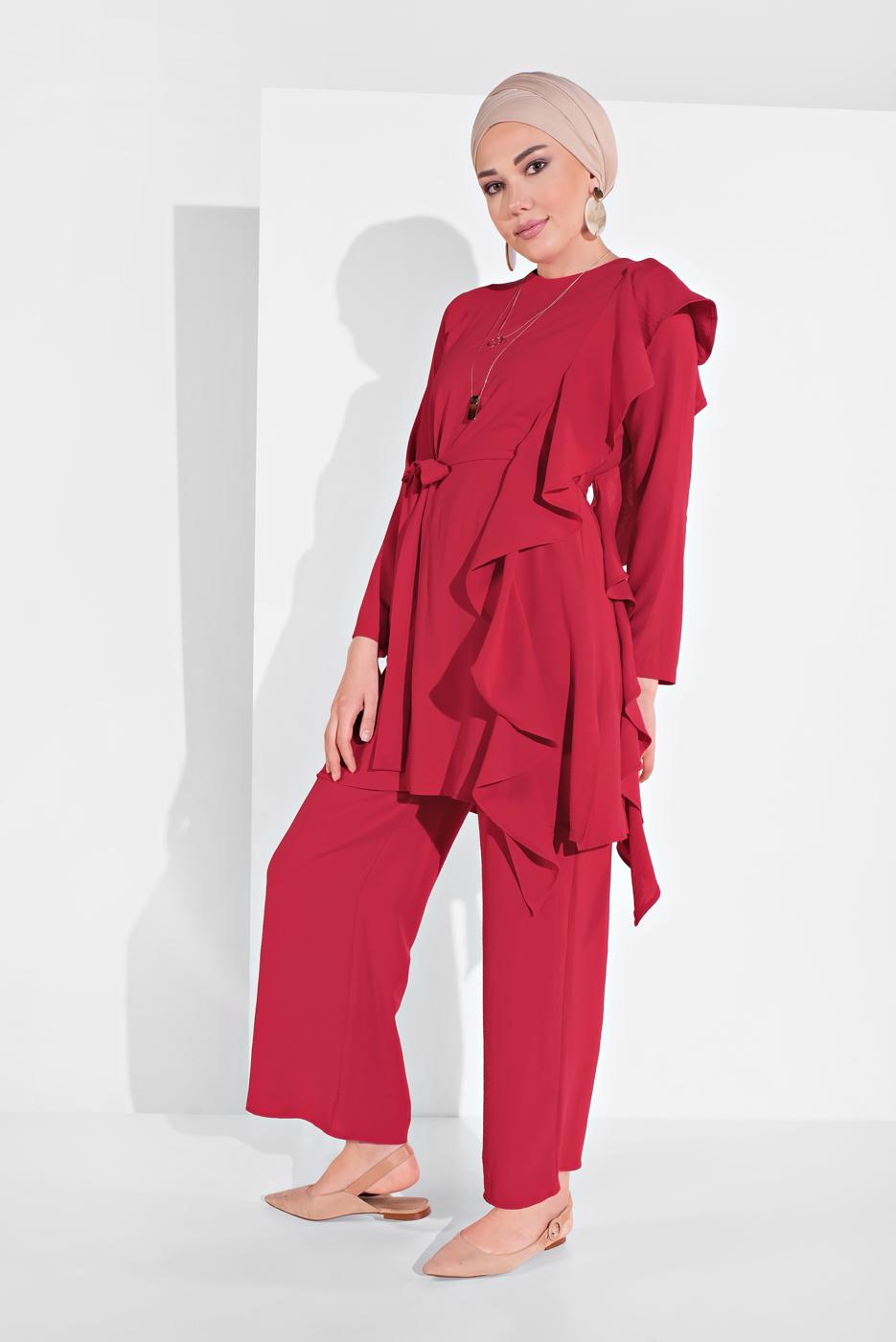Tesettür giyim KIRMIZI FIRFIR DETAYLI 2&prime;Lİ PANTOLONLU TAKIM 1002