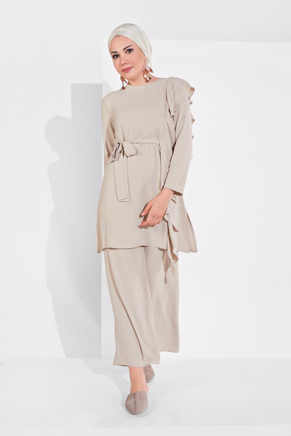 Tesettür giyim BEJ FIRFIR DETAYLI 2&prime;Lİ PANTOLONLU TAKIM 1002