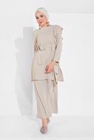 Tesettür giyim BEJ FIRFIR DETAYLI 2&prime;Lİ PANTOLONLU TAKIM 1002