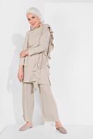 Tesettür giyim BEJ FIRFIR DETAYLI 2&prime;Lİ PANTOLONLU TAKIM 1002