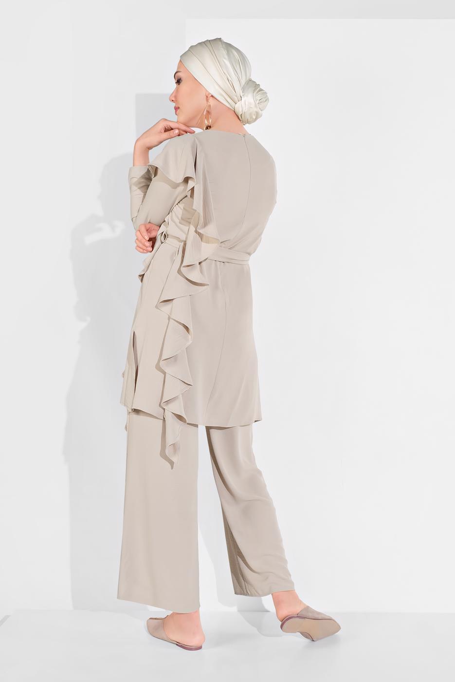 Tesettür giyim BEJ FIRFIR DETAYLI 2&prime;Lİ PANTOLONLU TAKIM 1002