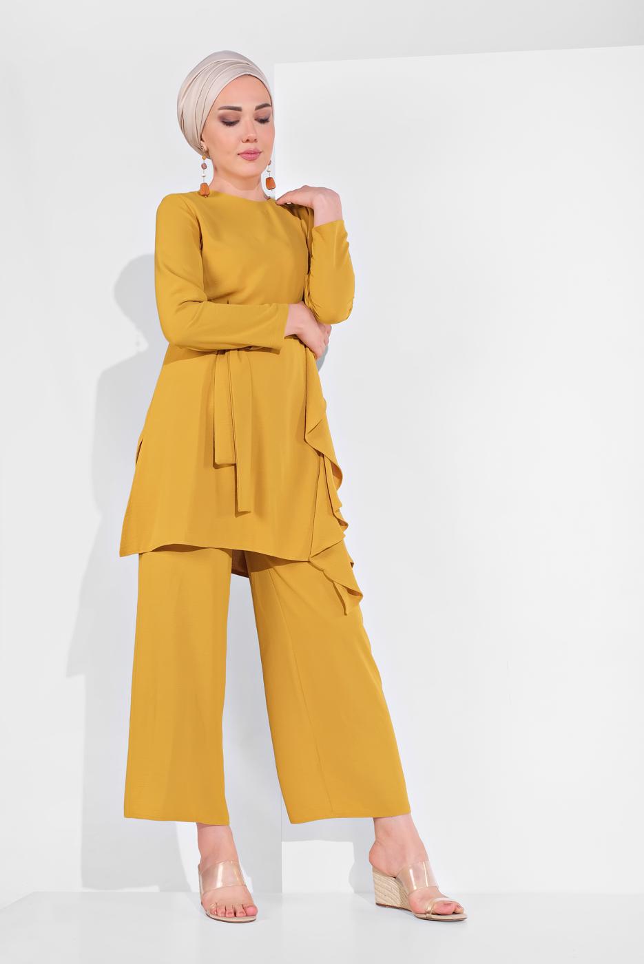 Tesettür giyim TURUNCU FIRFIR DETAYLI 2&prime;Lİ PANTOLONLU TAKIM 1002