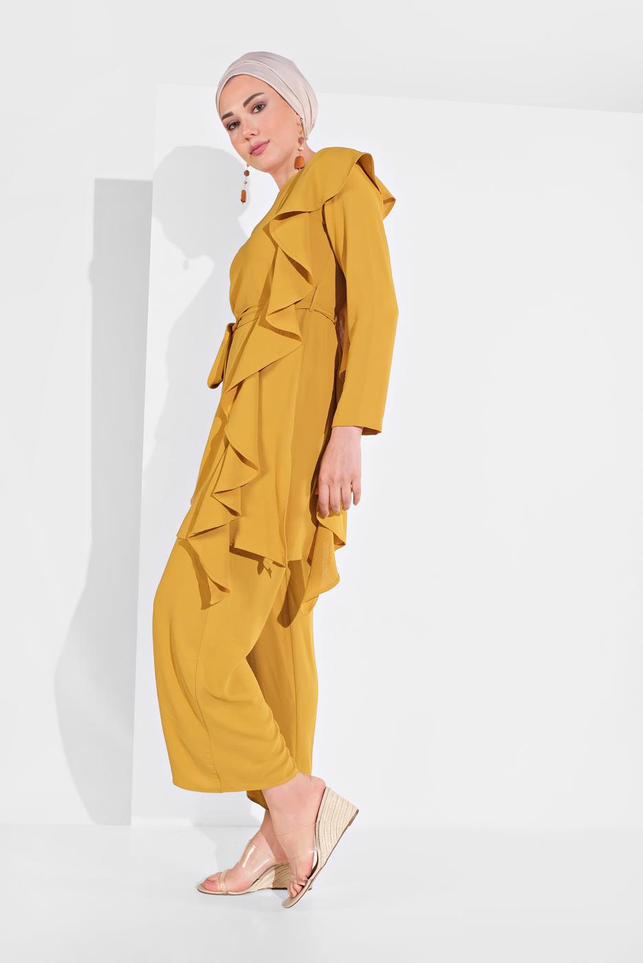 Tesettür giyim TURUNCU FIRFIR DETAYLI 2&prime;Lİ PANTOLONLU TAKIM 1002