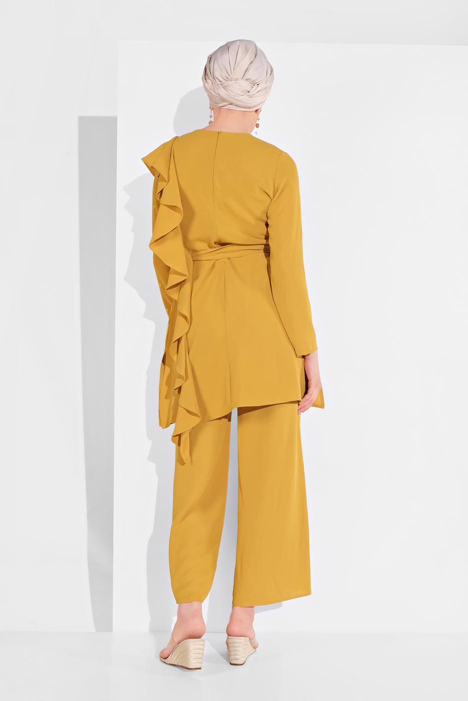 Tesettür giyim TURUNCU FIRFIR DETAYLI 2&prime;Lİ PANTOLONLU TAKIM 1002