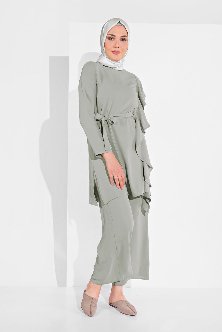 Tesettür giyim GRİ FIRFIR DETAYLI 2&prime;Lİ PANTOLONLU TAKIM 1002