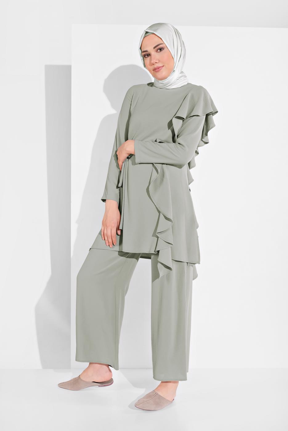 Tesettür giyim GRİ FIRFIR DETAYLI 2&prime;Lİ PANTOLONLU TAKIM 1002