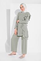 Tesettür giyim GRİ FIRFIR DETAYLI 2&prime;Lİ PANTOLONLU TAKIM 1002