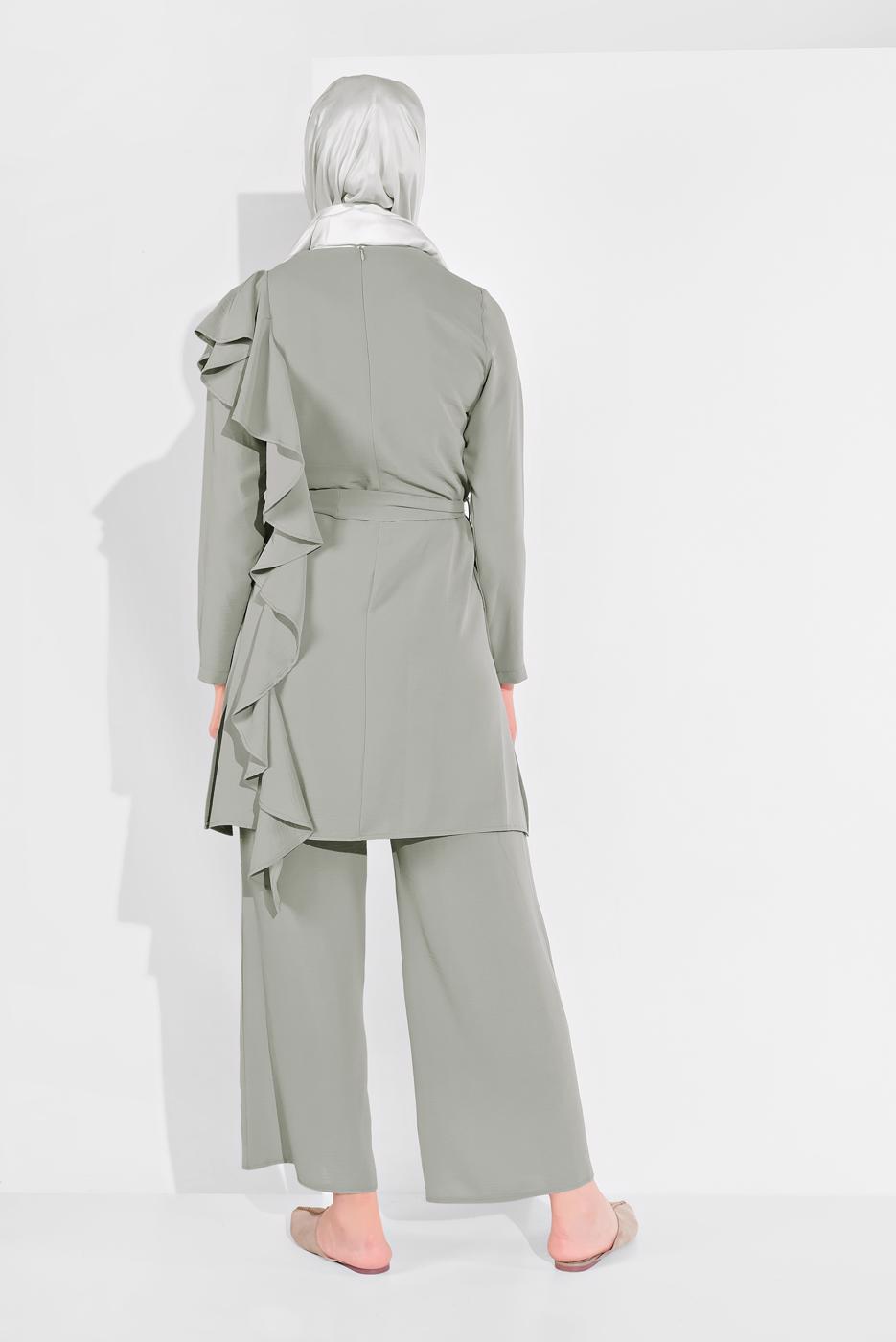 Tesettür giyim GRİ FIRFIR DETAYLI 2&prime;Lİ PANTOLONLU TAKIM 1002