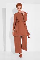 Tesettür giyim KAHVE FIRFIR DETAYLI 2&prime;Lİ PANTOLONLU TAKIM 1002