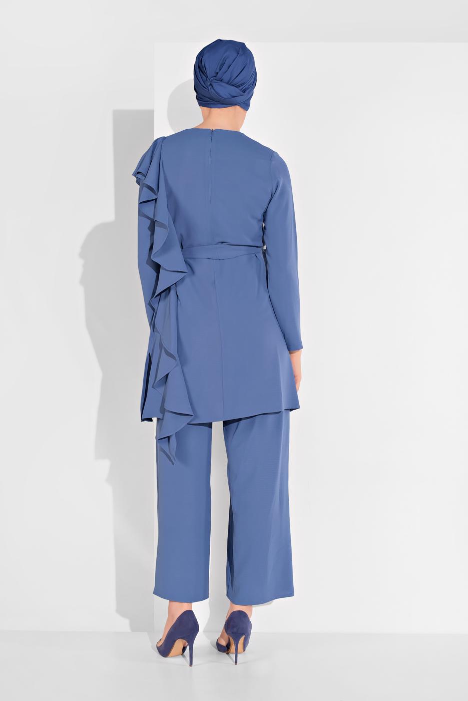 Tesettür giyim LACİVERT FIRFIR DETAYLI 2&prime;Lİ PANTOLONLU TAKIM 1002