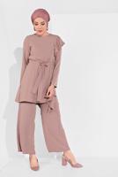Tesettür giyim PEMBE FIRFIR DETAYLI 2&prime;Lİ PANTOLONLU TAKIM 1002