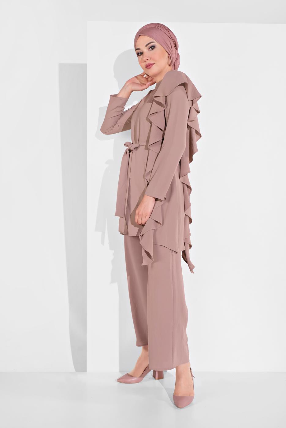 Tesettür giyim PEMBE FIRFIR DETAYLI 2&prime;Lİ PANTOLONLU TAKIM 1002