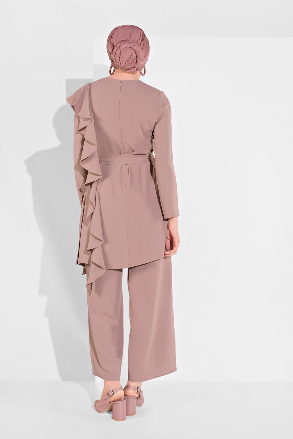 Tesettür giyim PEMBE FIRFIR DETAYLI 2&prime;Lİ PANTOLONLU TAKIM 1002