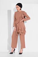 Tesettür giyim PEMBE FIRFIR DETAYLI 2&prime;Lİ PANTOLONLU TAKIM 1002