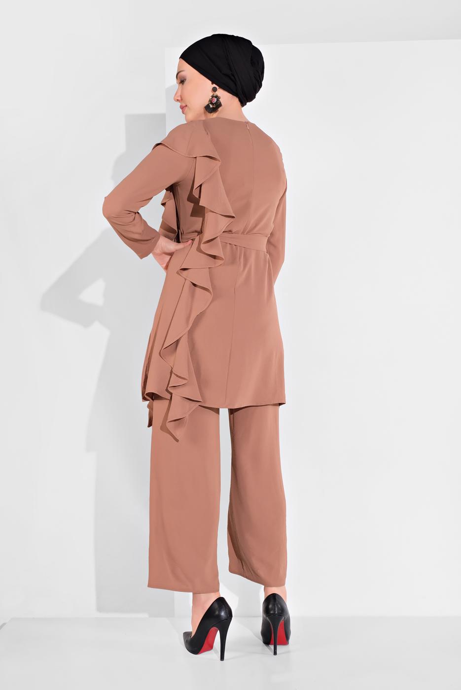 Tesettür giyim PEMBE FIRFIR DETAYLI 2&prime;Lİ PANTOLONLU TAKIM 1002