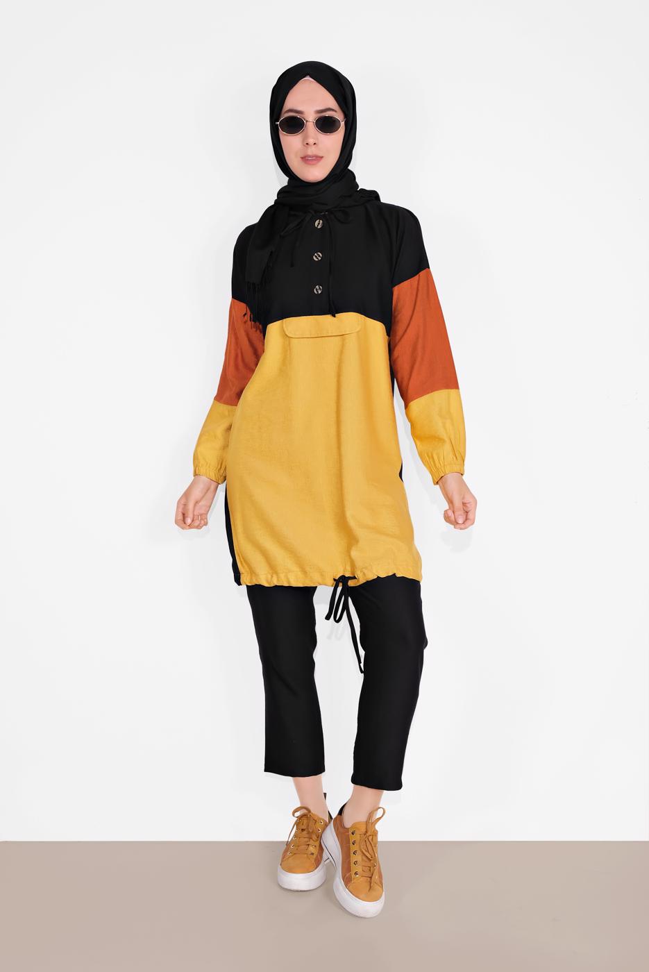 Tesettür giyim SİYAH DÜĞMELİ KAPÜŞONLU PANTOLONLU TAKIM 1026 