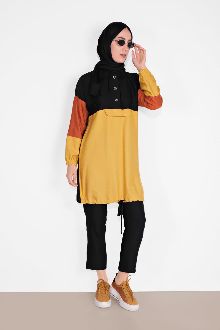 Tesettür giyim SİYAH DÜĞMELİ KAPÜŞONLU PANTOLONLU TAKIM 1026 