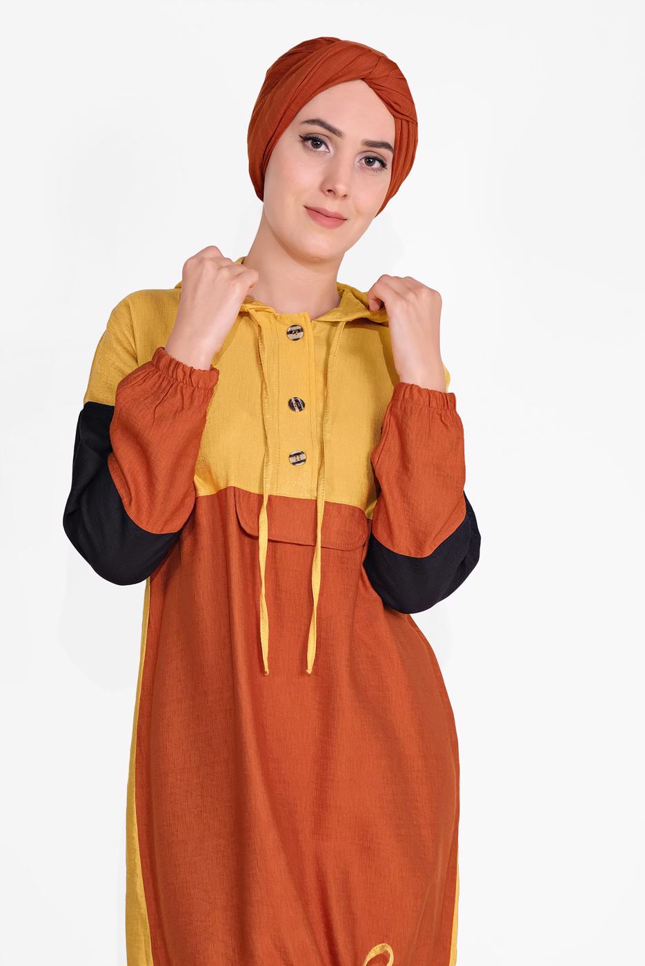 Tesettür giyim SARI DÜĞMELİ KAPÜŞONLU PANTOLONLU TAKIM 1026 