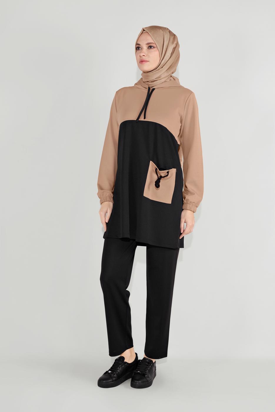 Tesettür giyim BEJ CEP DETAYLI EŞOFMAN TAKIM T 1116