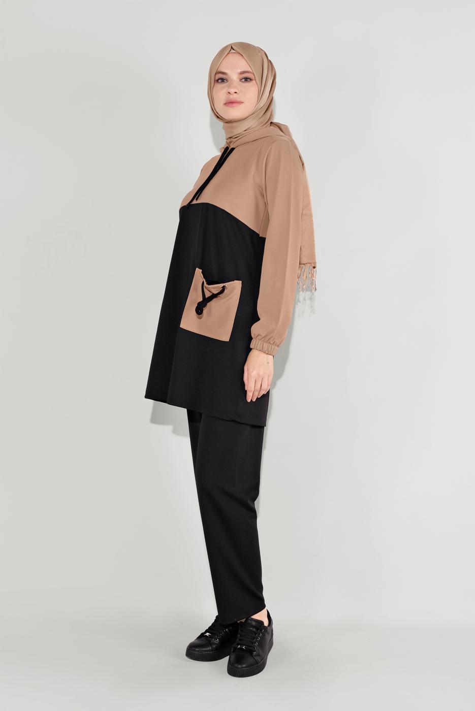 Tesettür giyim BEJ CEP DETAYLI EŞOFMAN TAKIM T 1116