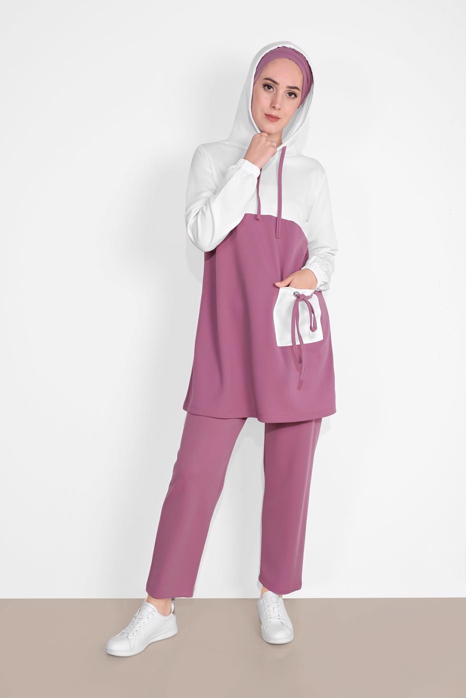 Tesettür giyim KREM CEP DETAYLI EŞOFMAN TAKIM T 1116