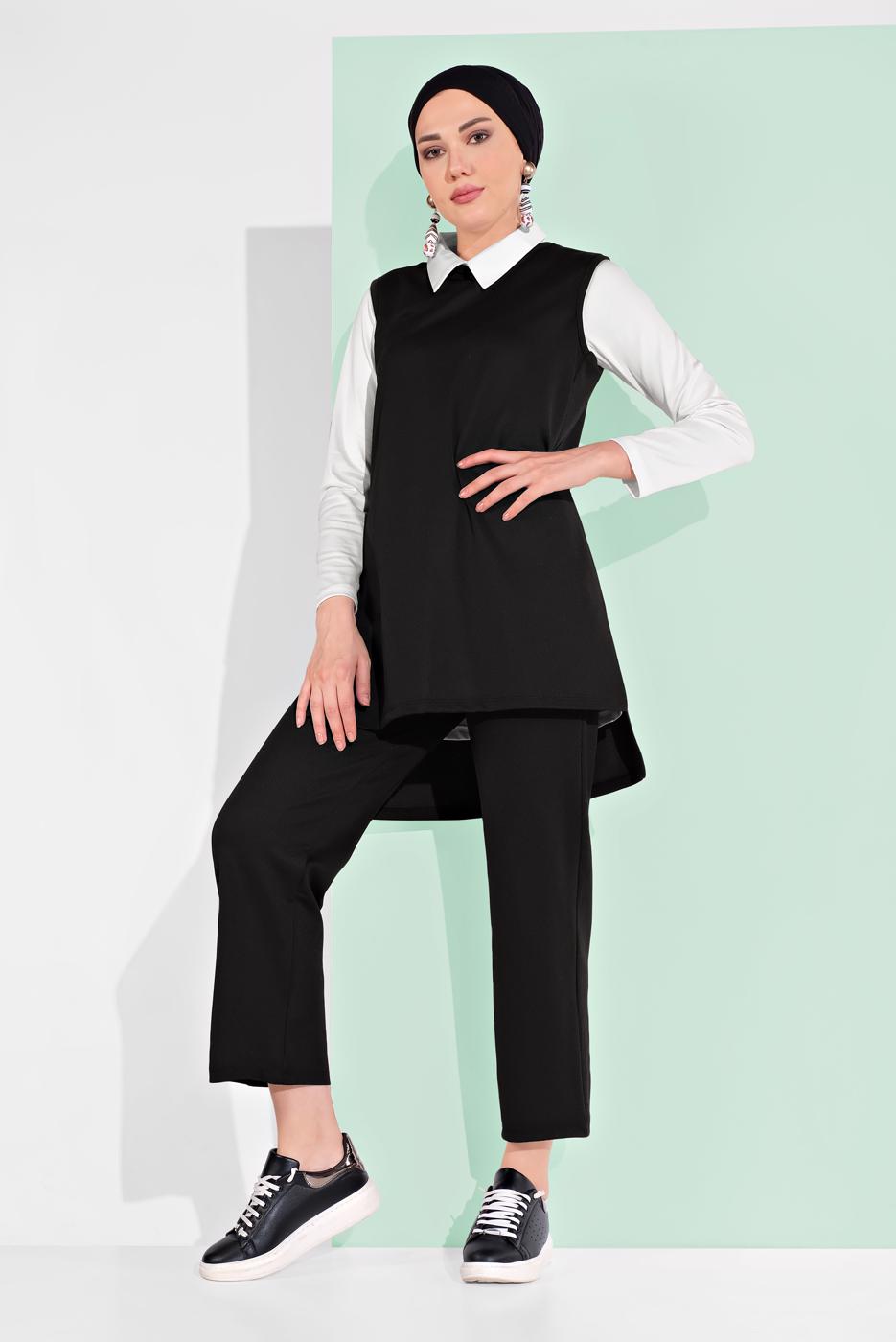 Tesettür giyim SİYAH YANDAN YIRTMAÇLI 3&prime;LÜ PANTOLONLU TAKIM 1405