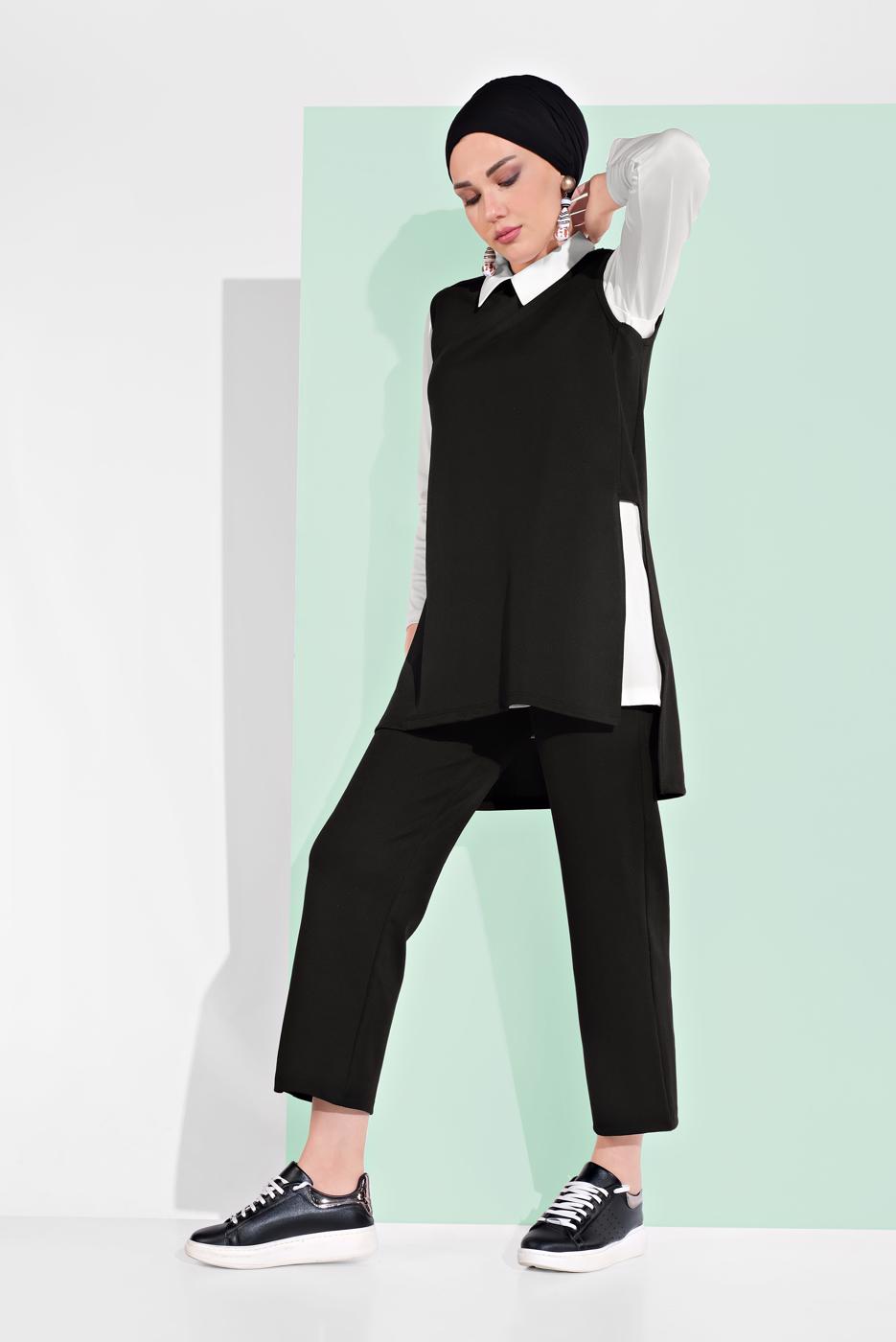 Tesettür giyim SİYAH YANDAN YIRTMAÇLI 3&prime;LÜ PANTOLONLU TAKIM 1405