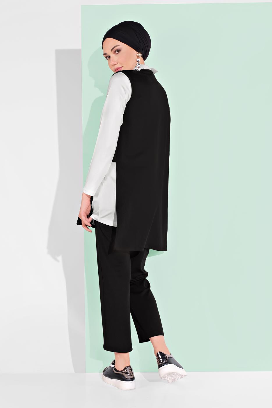 Tesettür giyim SİYAH YANDAN YIRTMAÇLI 3&prime;LÜ PANTOLONLU TAKIM 1405