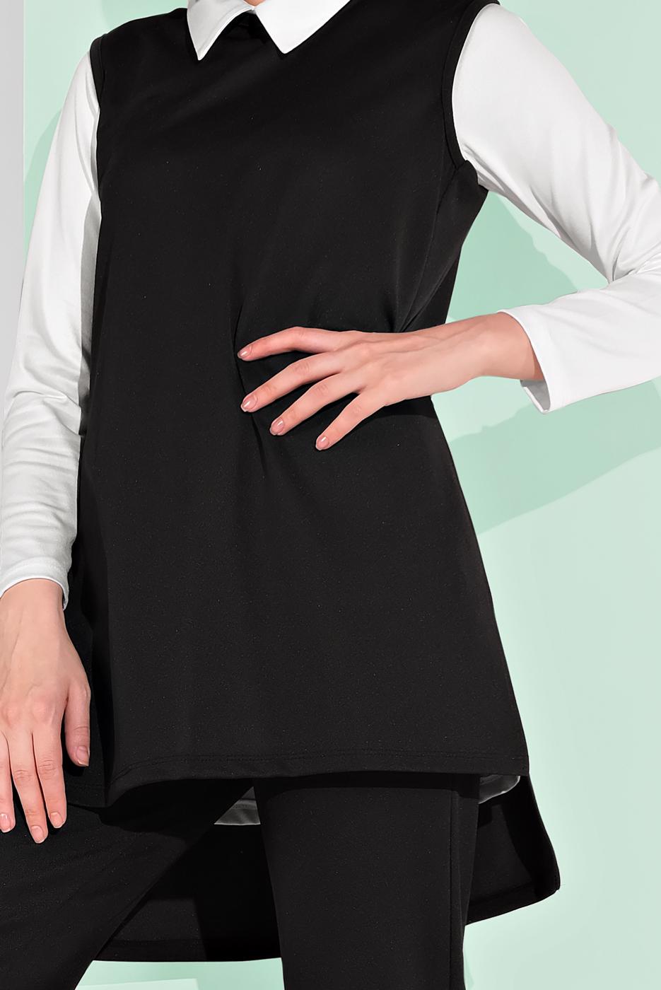 Tesettür giyim SİYAH YANDAN YIRTMAÇLI 3&prime;LÜ PANTOLONLU TAKIM 1405