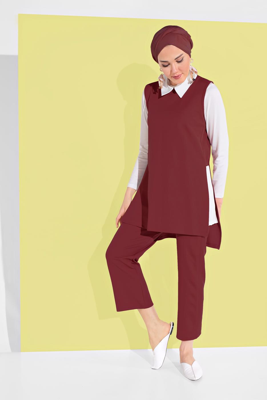 Tesettür giyim BORDO YANDAN YIRTMAÇLI 3&prime;LÜ PANTOLONLU TAKIM 1405