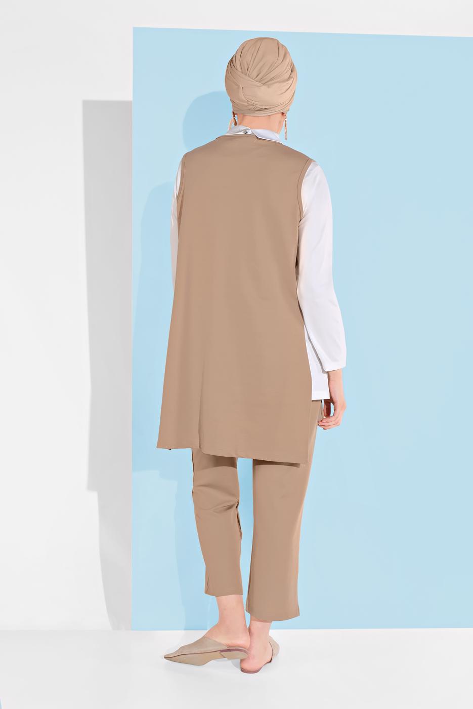 Tesettür giyim KAHVE YANDAN YIRTMAÇLI 3&prime;LÜ PANTOLONLU TAKIM 1405
