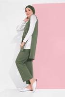 Tesettür giyim HAKİ YANDAN YIRTMAÇLI 3&prime;LÜ PANTOLONLU TAKIM 1405