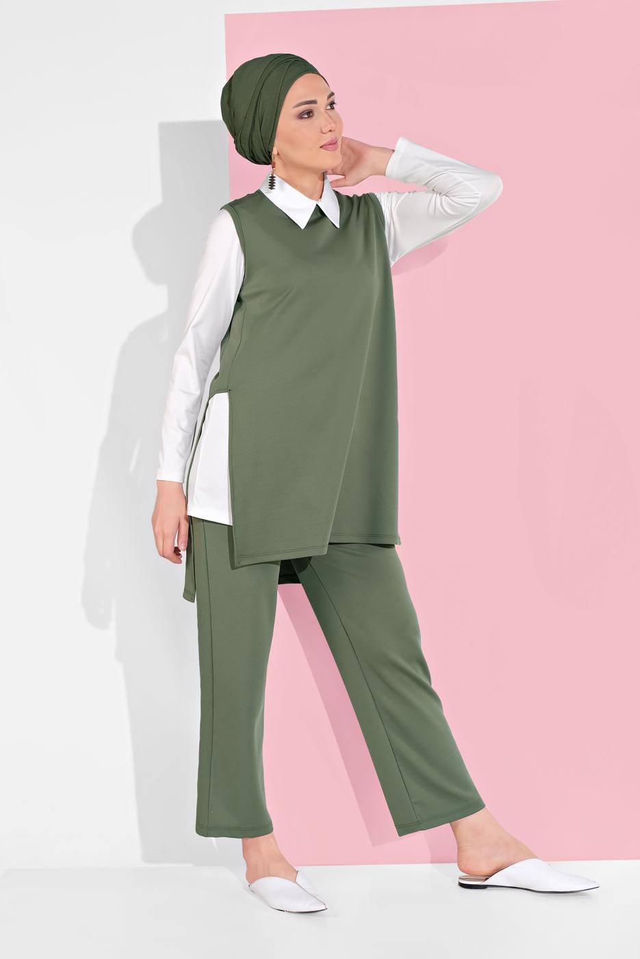Tesettür giyim HAKİ YANDAN YIRTMAÇLI 3&prime;LÜ PANTOLONLU TAKIM 1405
