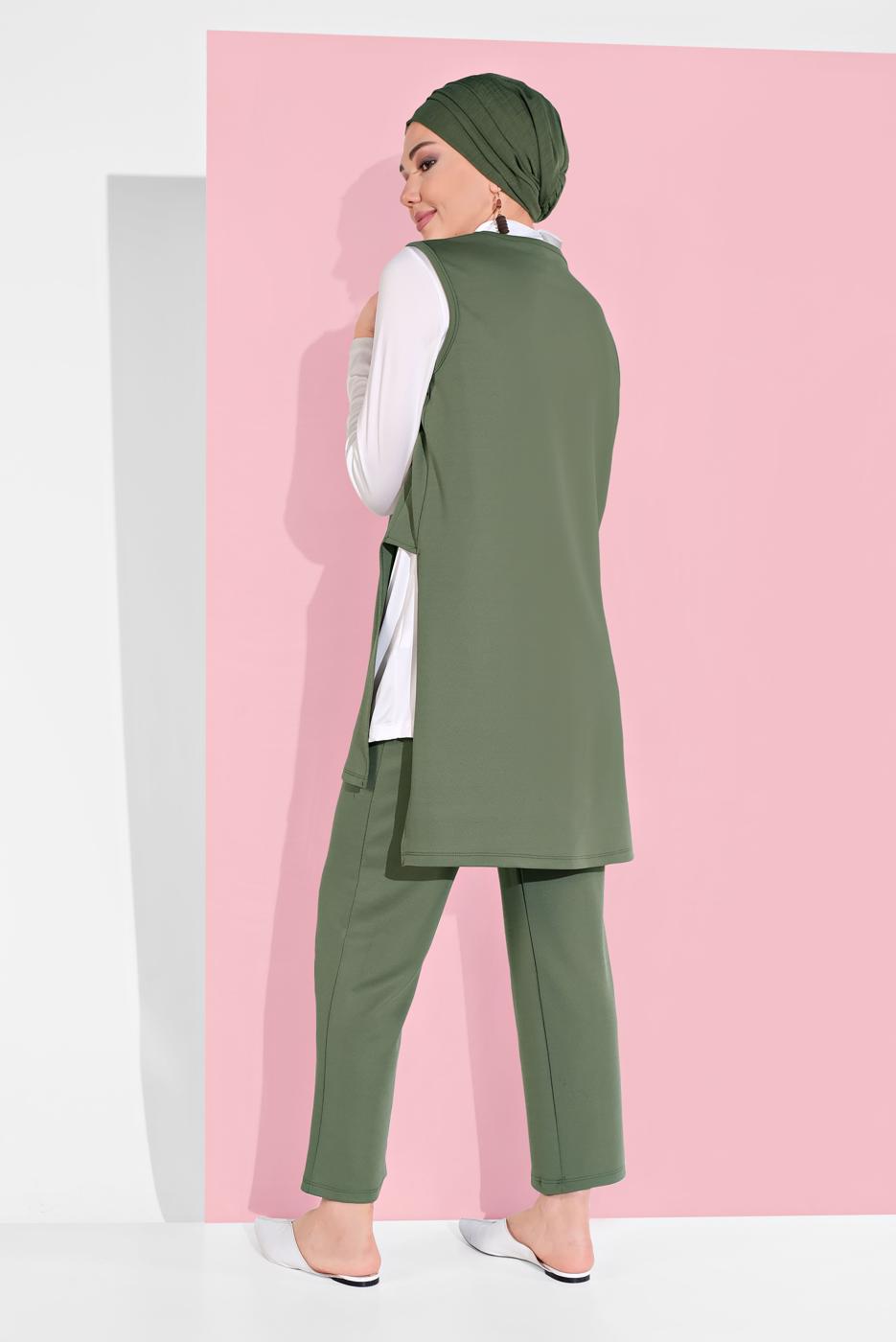 Tesettür giyim HAKİ YANDAN YIRTMAÇLI 3&prime;LÜ PANTOLONLU TAKIM 1405