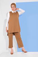 Tesettür giyim TABA YANDAN YIRTMAÇLI 3&prime;LÜ PANTOLONLU TAKIM 1405